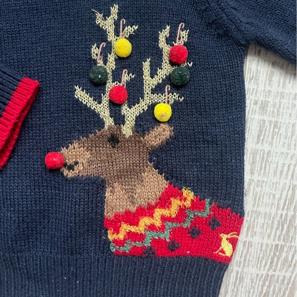 Joules Cracking Reindeer Holiday Christmas Sweater Red Navy Blue Size 2T - Picture 2 of 4